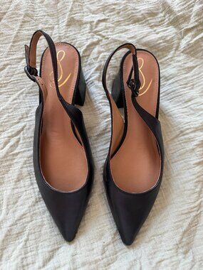 Sam Edelman Petra Black Leather Pointed Toe Block Heel Slingback Size 10